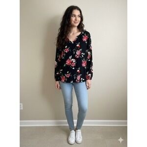 Old Navy Womens XL Black Pink Floral Rayon Split Neck Long Sleeve Blouse Top